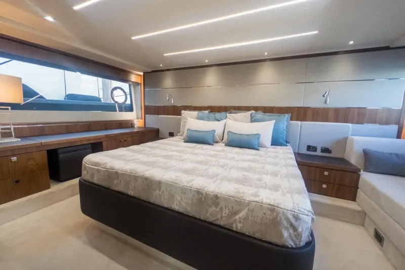 Slide: The Image of Luxurious interior of 2020 Sunseeker Predator 74 yacht with elegant bedroom design. - 19