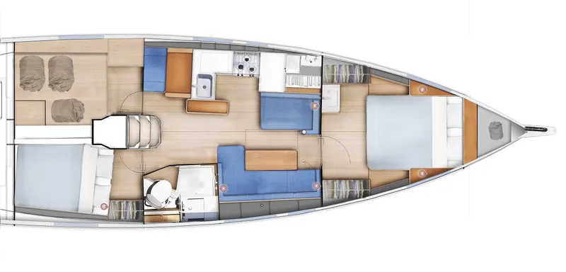 Slide: The Image of Floor plan of a 2026 Jeanneau 410 sailboat, featuring cabins, kitchen, and living area. - 23