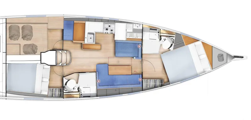 Slide: The Image of 2026 Jeanneau 410 yacht interior layout with cabins, kitchen, and seating areas. - 24