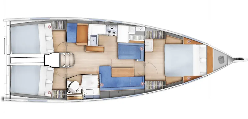 Slide: The Image of 2026 Jeanneau 410 yacht interior layout with cabins, kitchen, and seating areas. - 25