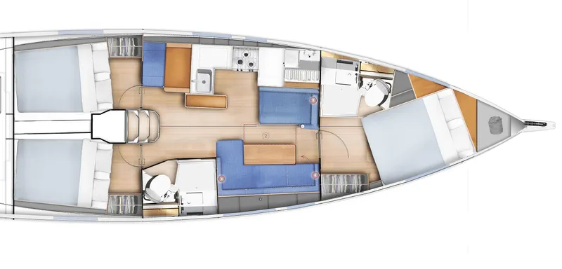 Slide: The Image of 2026 Jeanneau 410 yacht interior layout with cabins, kitchen, and seating areas. - 26