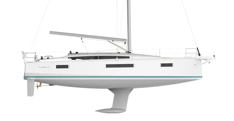 Slide: The Image of 2026 Jeanneau 410 sailboat, side view, sleek design, white hull, modern features. - 28