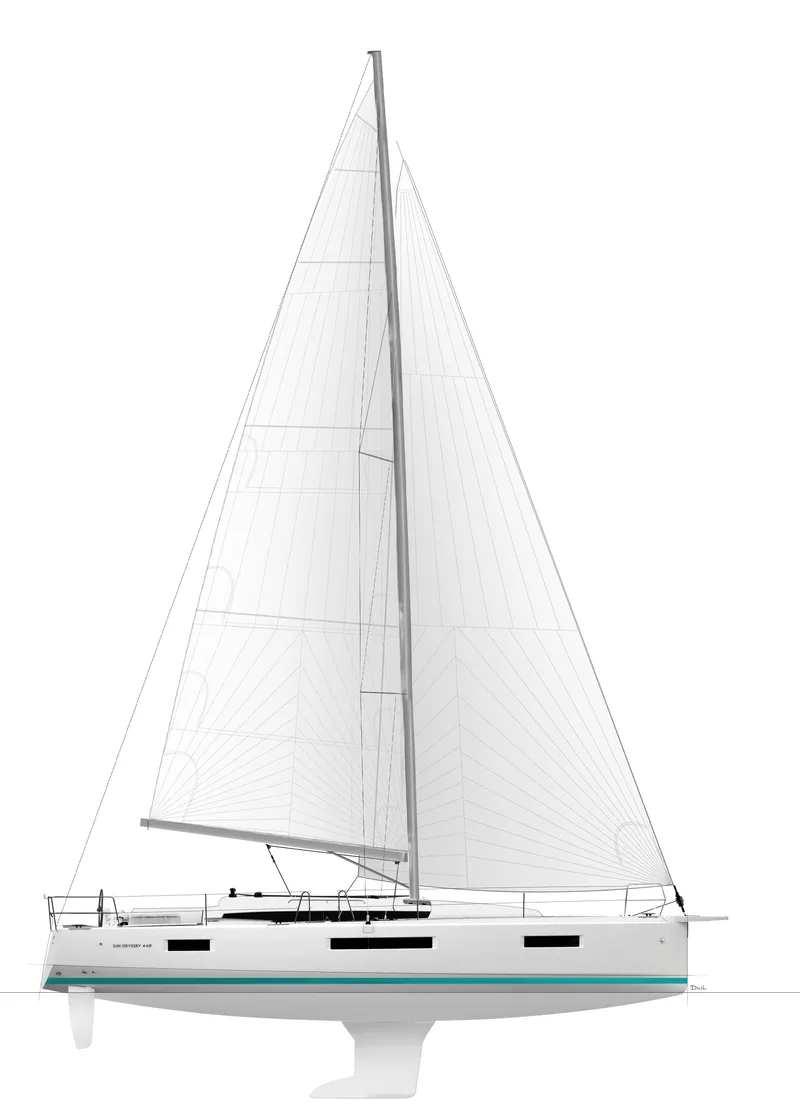 Slide: The Image of 2026 Jeanneau 440 sailboat, side view, sleek design, white hull, modern sailing yacht. - 17