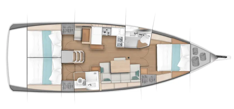 Slide: The Image of 2026 Jeanneau 440 yacht layout with spacious cabins, kitchen, and living area. - 19