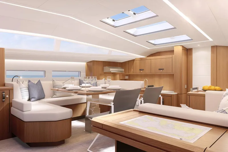 Slide: The Image of Luxurious interior of 2026 Jeanneau Yachts 60 with modern design and skylights. - 17
