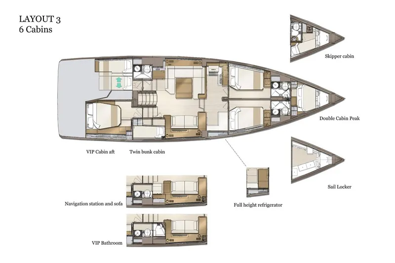 Slide: The Image of Layout of 2026 Jeanneau Yachts 60 with six cabins and navigation station. - 26