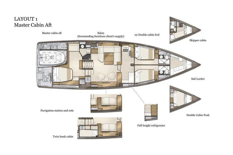 Slide: The Image of Floor plan of 2026 Jeanneau Yachts 60, featuring master cabin aft and double cabins. - 28