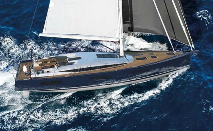 Slide: The Image of 2026 Jeanneau Yachts 60 sailing on open sea with white sails and sleek design. - 3