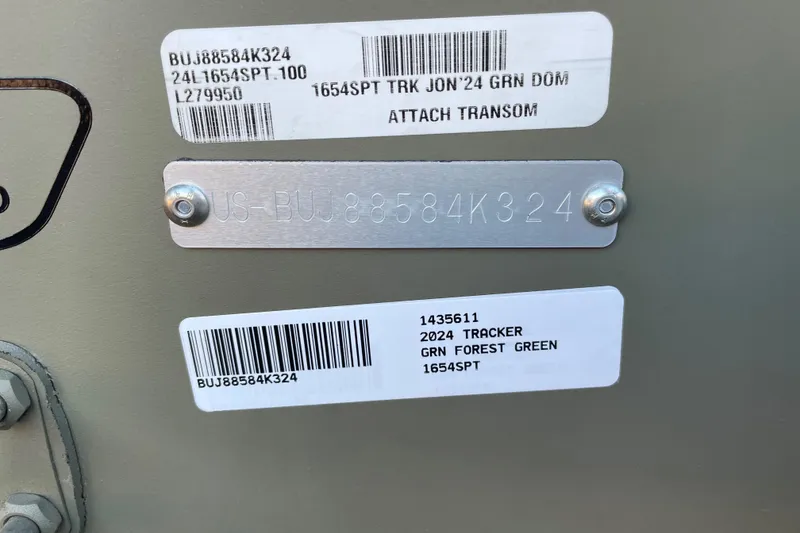 Slide: The Image of 2024 Tracker Grizzly 1654 T Sportsman boat identification labels and serial numbers. - 43