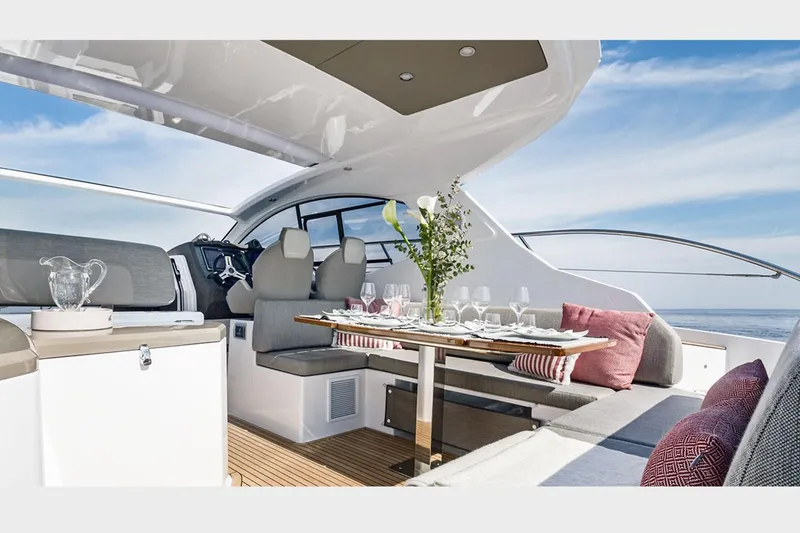 Slide: The Image of 2020 Azimut Atlantis 43 yacht on dry dock under clear blue sky. - 7