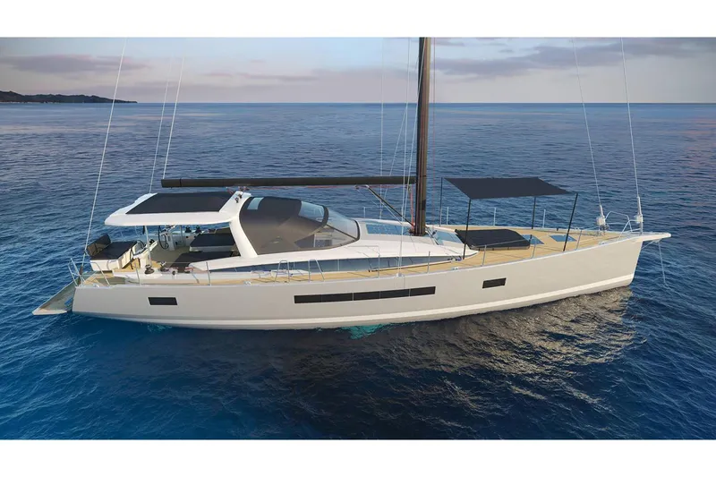 Slide: The Image of 2026 Jeanneau 65 yacht on calm ocean waters, showcasing sleek design and modern features. - 10