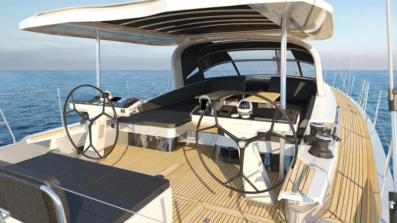 Slide: The Image of Luxury Jeanneau 65 yacht deck, dual steering wheels, sleek design, 2026 model. - 13