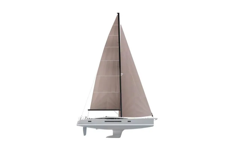 Slide: The Image of 2026 Jeanneau 65 sailboat with beige sails, side view. - 19