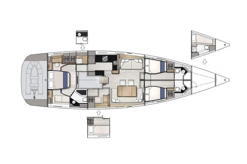 Slide: The Image of Floor plan of a 2026 Jeanneau 65 yacht, showcasing interior layout and cabin arrangement. - 23