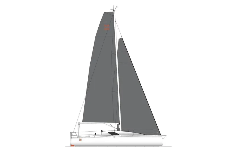 Slide: The Image of 2026 Jeanneau Sun Fast 3300 sailboat, side view, with sleek design and dark sails. - 14