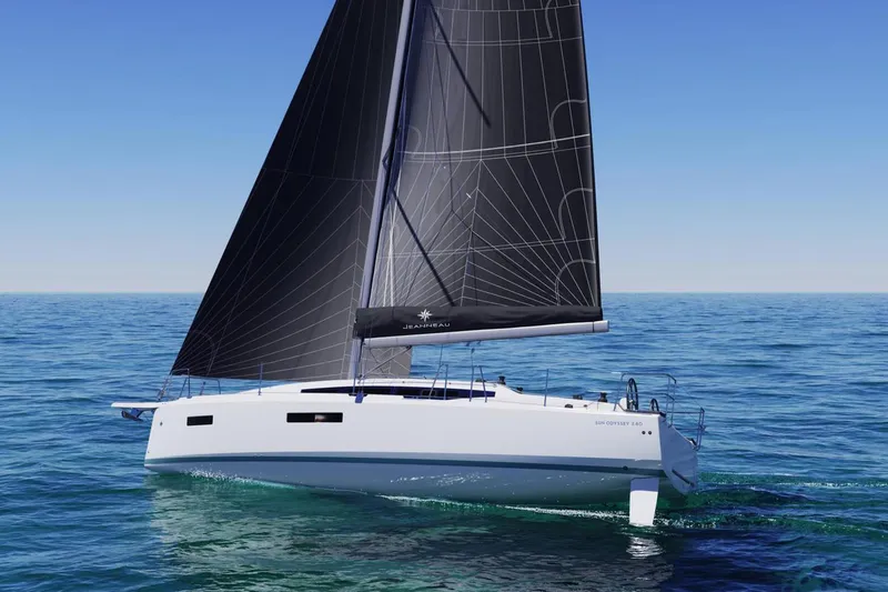 Slide: The Image of 2026 Jeanneau Sun Odyssey 380 sailing on open sea with black sails. - 1