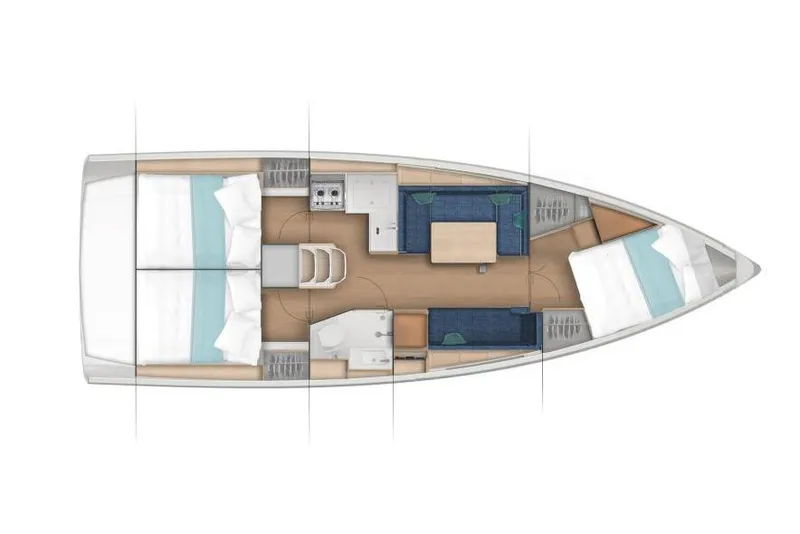 Slide: The Image of 2026 Jeanneau Sun Odyssey 380 interior layout with cabins, kitchen, and seating area. - 18