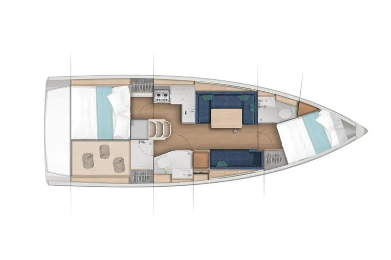 Slide: The Image of 2026 Jeanneau Sun Odyssey 380 interior layout with cabins, kitchen, and seating area. - 21