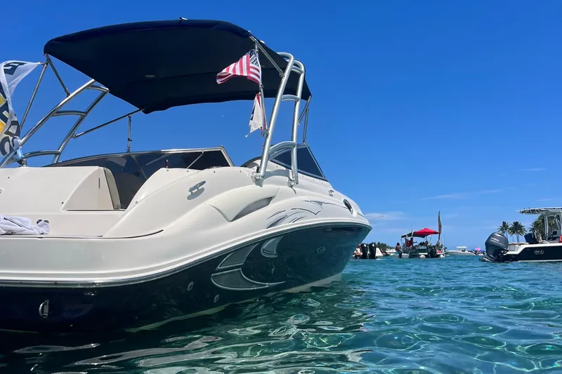 Slide: The Image of Close-up of a 2005 Sea Ray 270 SLX boat's propeller and outdrive in a driveway. - 5