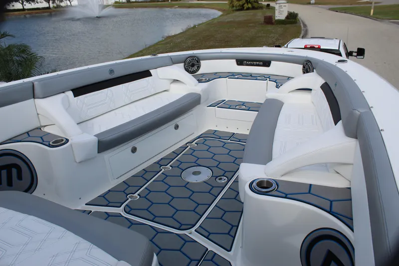 Slide: The Image of 2020 Mystic Powerboats M4200 interior with sleek seating and modern design. - 40