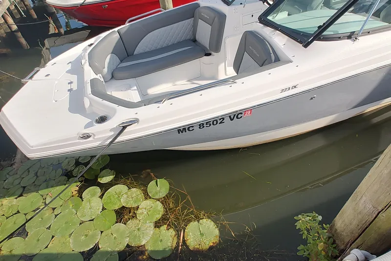 Slide: The Image of 2026 NauticStar 223 DC Deck boat docked near lily pads. - 5
