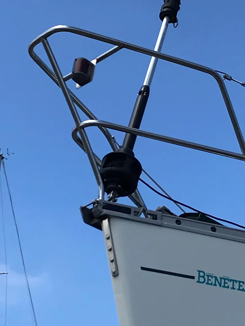 Slide: The Image of Bow of 1993 Beneteau First 310 sailboat against clear blue sky. - 7