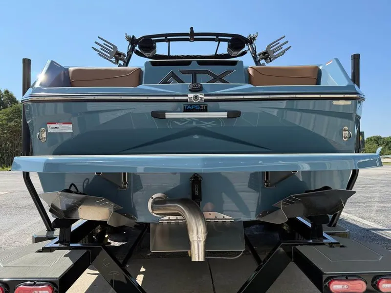 Slide: The Image of 2026 ATX Surf Boats 22 Type-S rear view on trailer, showcasing sleek design and features. - 5