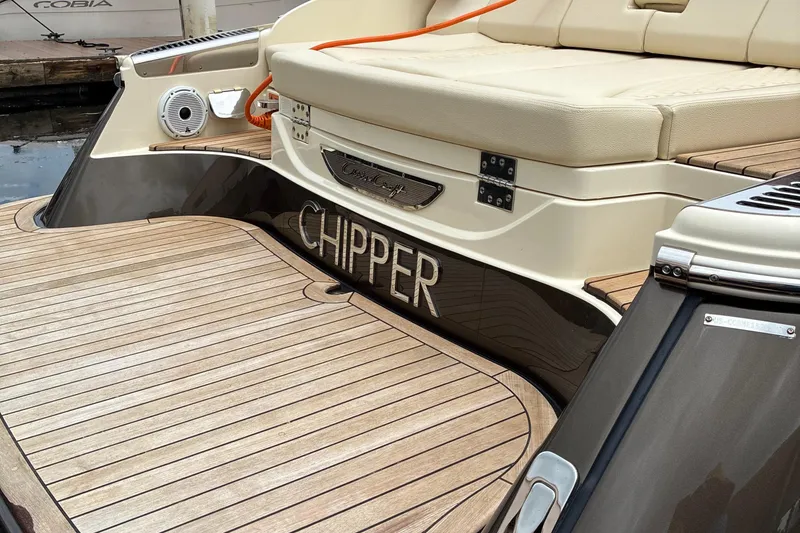 Slide: The Image of 2022 Chris-Craft Launch 35 GT boat with teak deck and "CHIPPER" nameplate. - 5