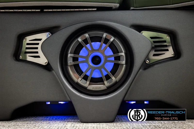 Slide: The Image of Close-up of Avalon LSZ QLS 2026 speaker system with blue LED lighting. - 35