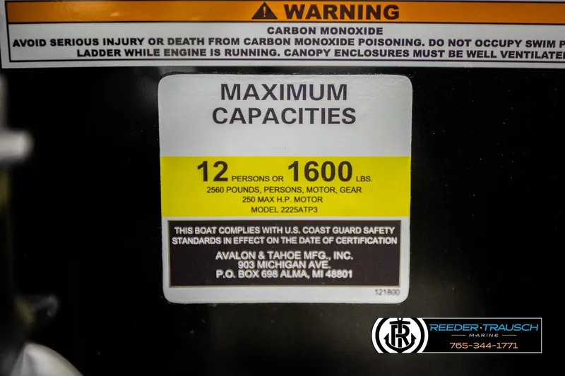 Slide: The Image of Warning label on 2026 Avalon LSZ QLS boat showing maximum capacity and safety information. - 50