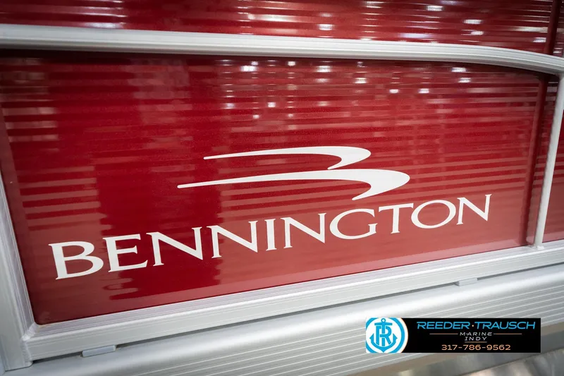 Slide: The Image of 2023 Bennington 20 SV boat logo on red background, Reeder-Trausch Marine contact info. - 56