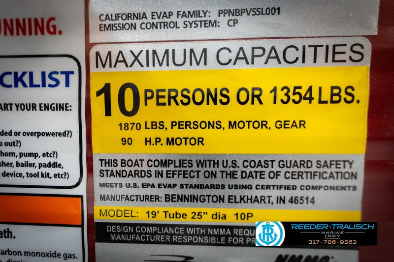 Slide: The Image of 2023 Bennington 20 SV capacity label: 10 persons, 1354 lbs, 90 HP motor. - 59