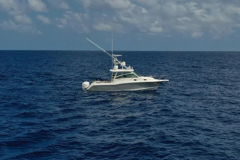 The Image of 2018 Boston Whaler 345 Conquest boat on open ocean under cloudy sky. - 1