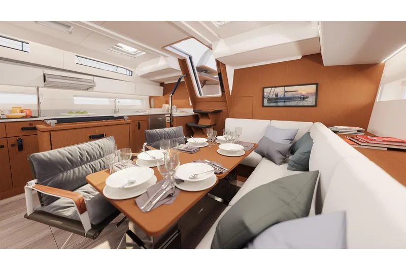 Slide: The Image of Luxurious interior of 2026 Jeanneau Yachts 55, featuring elegant dining area and modern kitchen. - 13