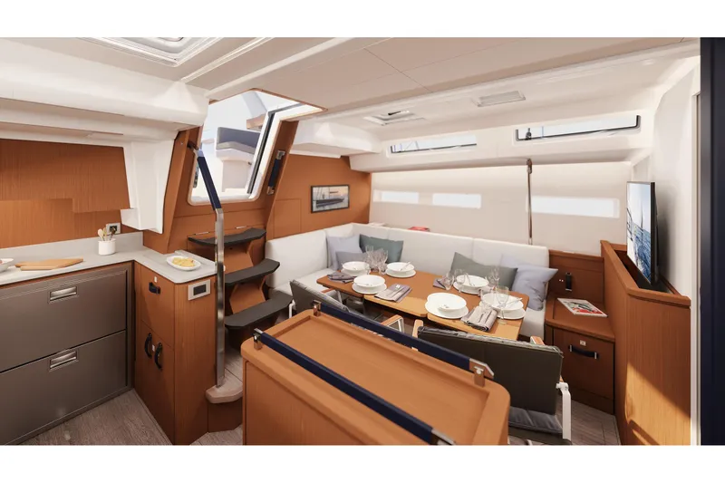 Slide: The Image of Interior of 2026 Jeanneau Yachts 55, featuring modern dining area and sleek design. - 14