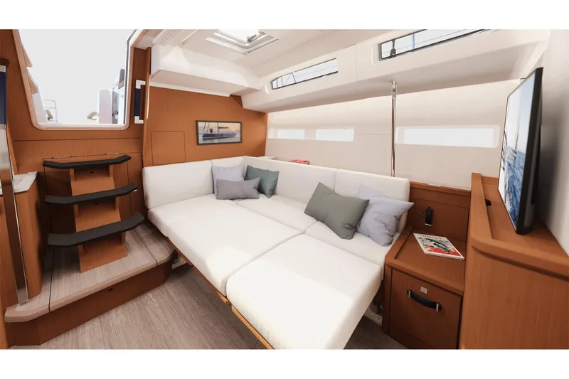 Slide: The Image of Luxurious interior of 2026 Jeanneau Yachts 55 with modern seating and elegant design. - 15