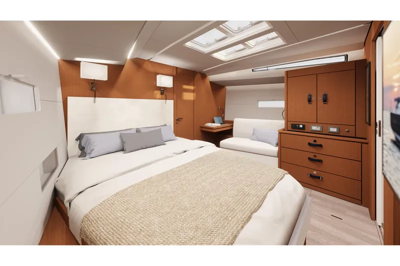 Slide: The Image of Luxurious cabin interior of 2026 Jeanneau Yachts 55, featuring elegant wood finishes and modern design. - 16