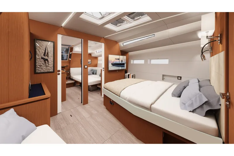 Slide: The Image of Luxurious interior of 2026 Jeanneau Yachts 55, featuring modern design and comfortable sleeping quarters. - 17