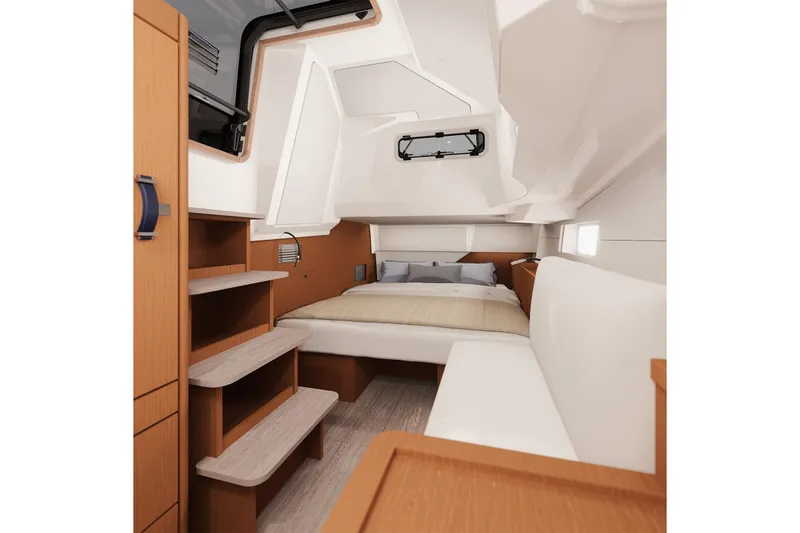 Slide: The Image of Luxurious interior cabin of 2026 Jeanneau Yachts 55, featuring cozy bed and wooden furnishings. - 18