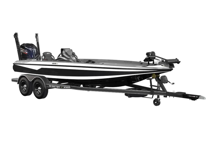 Slide: The Image of Manufacturer Provided Image: 2025 Skeeter ZXR21 boat on trailer, side view, black and white design. - 17
