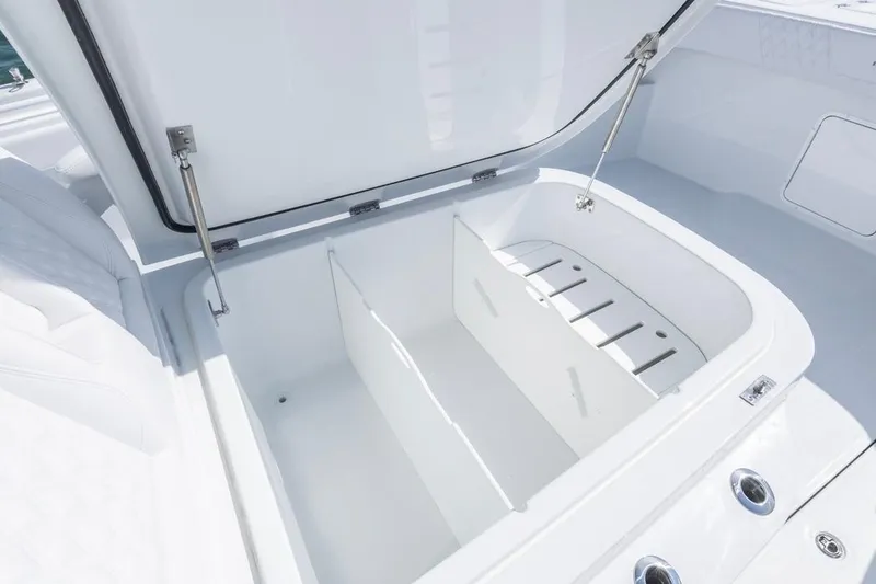 Slide: The Image of Open storage compartment on 2026 Invincible 33 Catamaran, showcasing spacious interior design. - 21