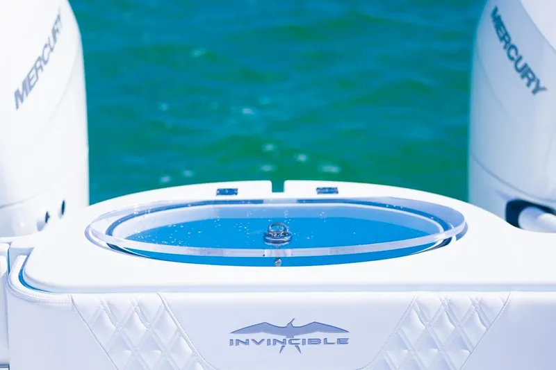 Slide: The Image of 2026 Invincible 33 Catamaran with Mercury engines on blue water. - 47