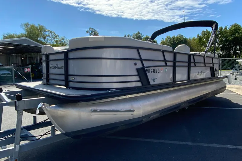 Slide: The Image of 2019 SunChaser Geneva Cruise 24 LR DH Sport pontoon boat on trailer. - 4