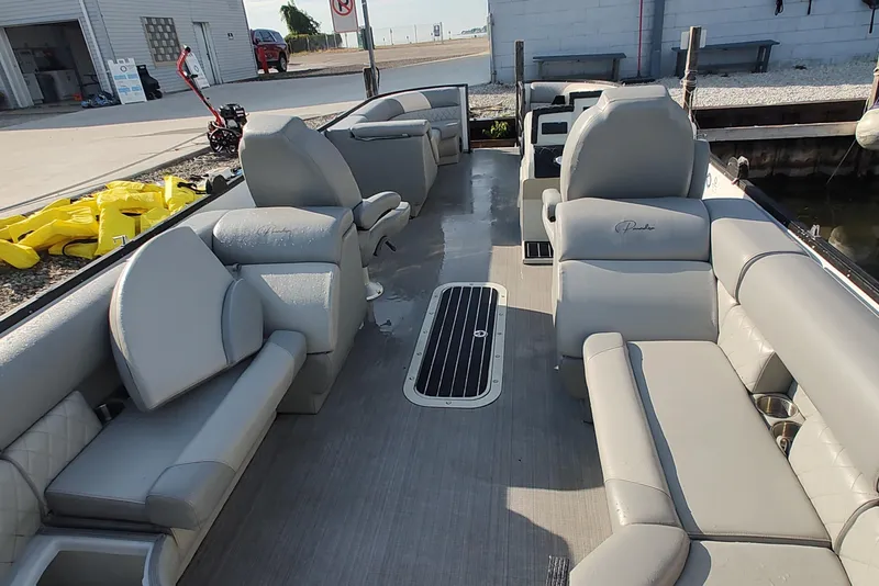 Slide: The Image of 2023 Paradise Pontoon Tritoon with spacious seating and modern design. - 5