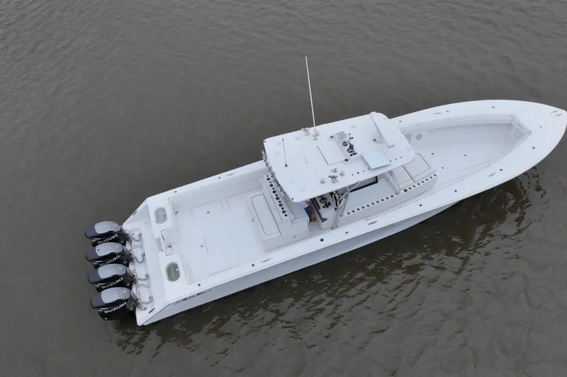 Slide: The Image of Aerial view of 2015 SeaHunter 45 Tournament boat with four outboard engines. - 3