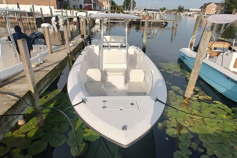 Slide: The Image of 2023 Twin Vee LFG 22 CC boat docked in a marina with lily pads nearby. - 3