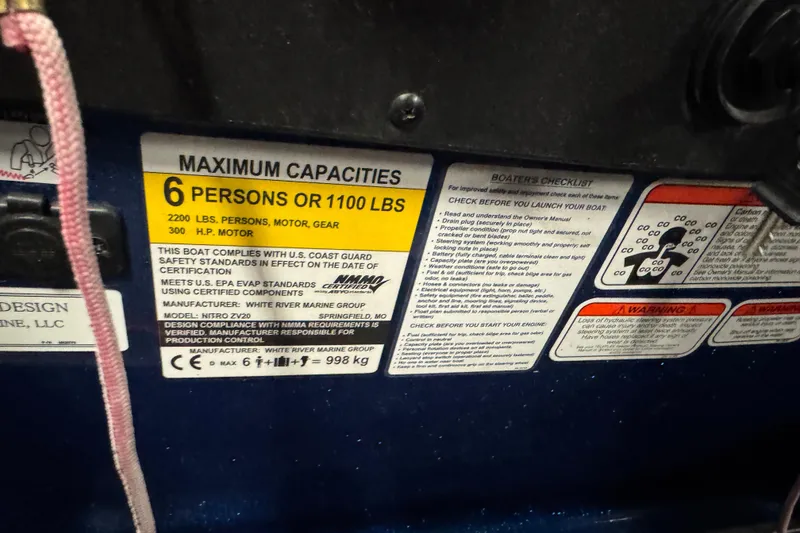 Slide: The Image of 2020 Nitro ZV20 Pro capacity label, 6 persons or 1100 lbs, safety compliance details. - 10