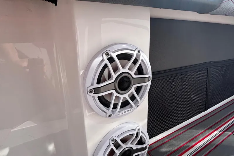Slide: The Image of 2023 Fountain 34 SC boat with JL Audio speakers installed. - 38