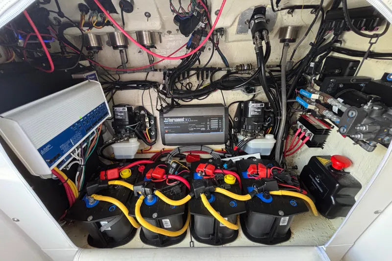 Slide: The Image of 2023 Fountain 34 SC boat electrical system with batteries and wiring. - 67