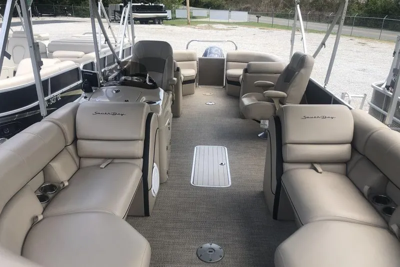 Slide: The Image of Luxurious 2018 South Bay 822 CR pontoon boat interior with plush seating and modern design. - 2